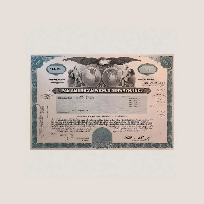 Vintage teal Pan Am World Airways stock certificate for American World Airways fans