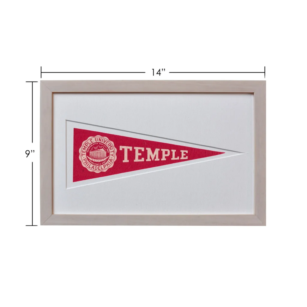 Vintage Temple wool felt pennant from 1950s with red white frame