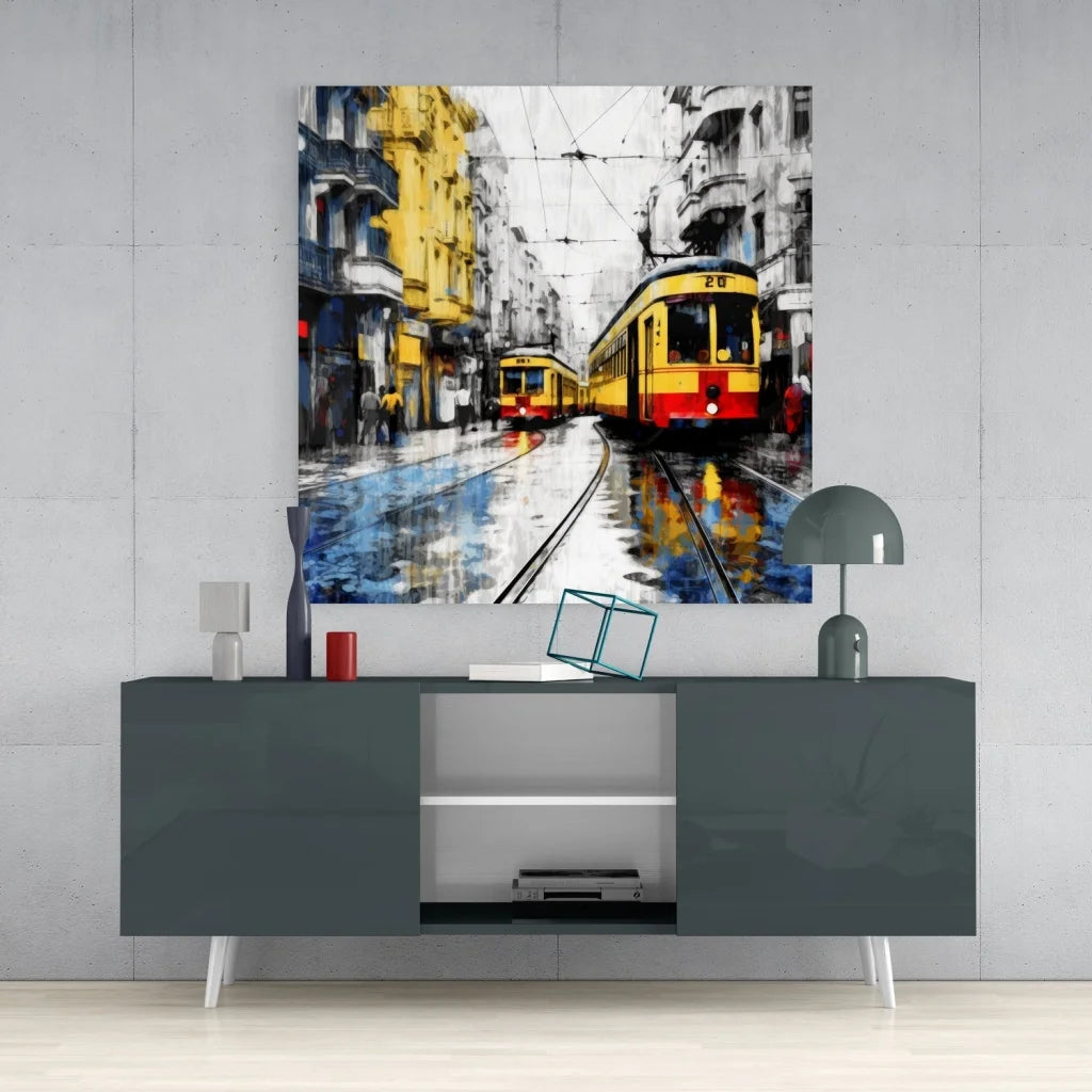 Vibrant yellow red vintage tram glass art on tempered glass, 12x12 inch square