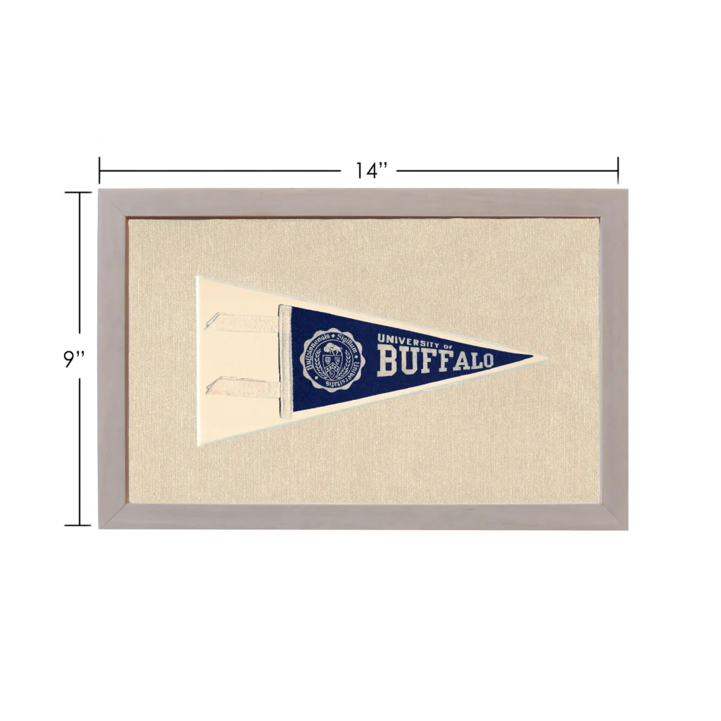 Vintage University of Buffalo pennant in navy blue and cream, framed