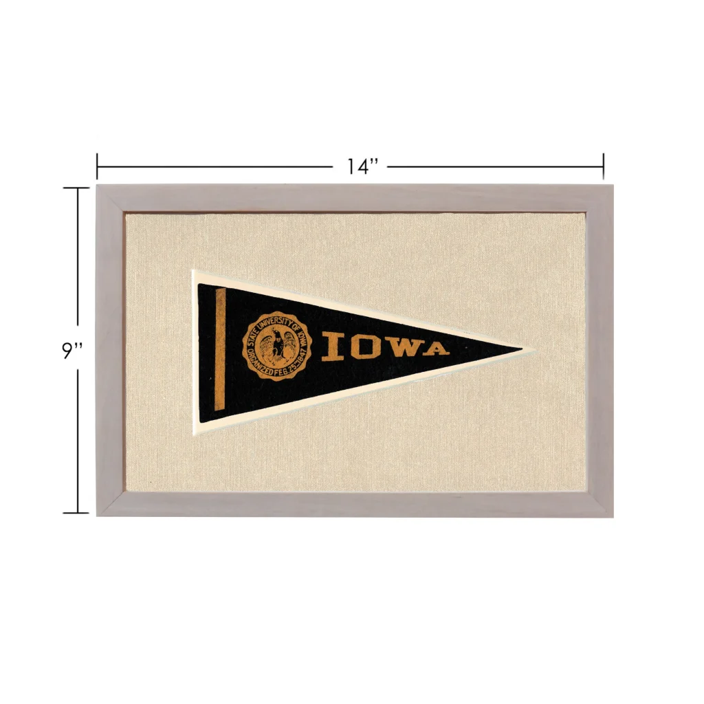 Vintage University of Iowa black and gold pennant in gray frame