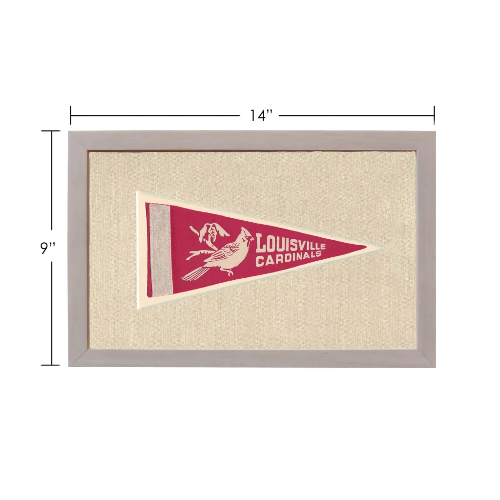 Vintage University of Louisville Cardinals red white bird pennant framed on beige