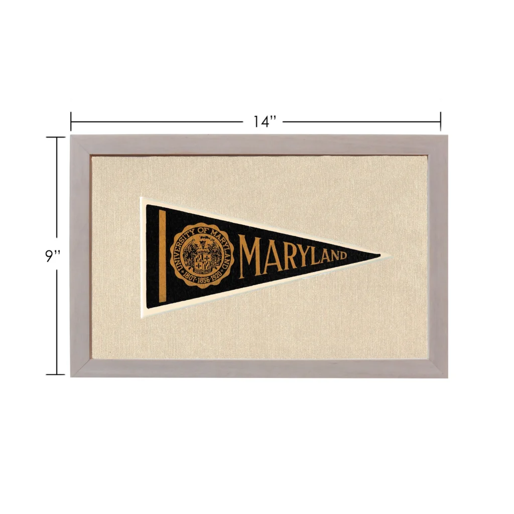 Vintage University of Maryland black and gold pennant in gray frame
