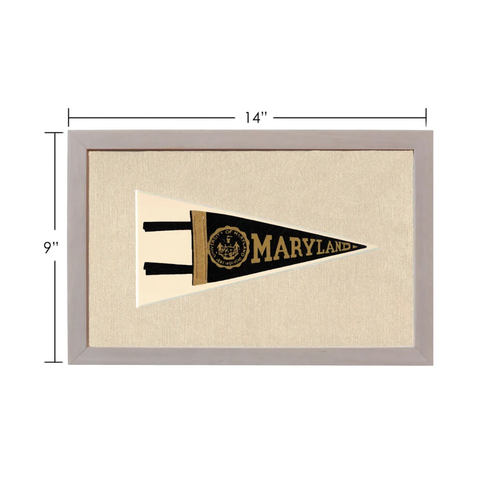 Vintage University of Maryland pennant in black and gold frame