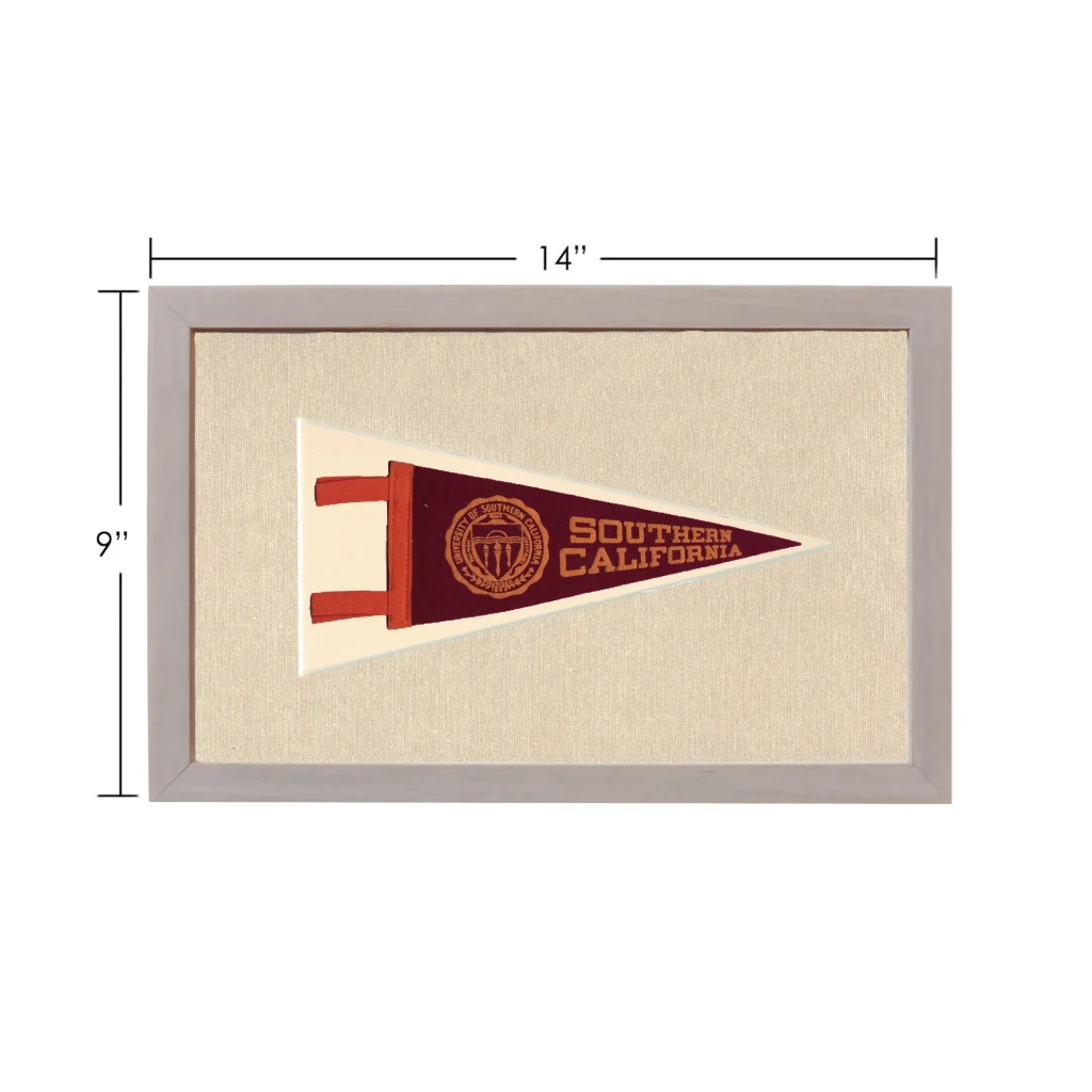 Framed vintage University of Southern California pennant in maroon and cream