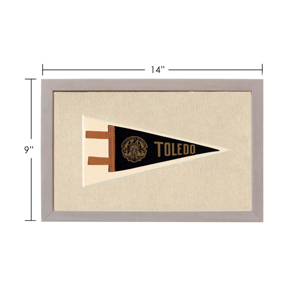 Vintage University of Toledo pennant framed with black triangular flag