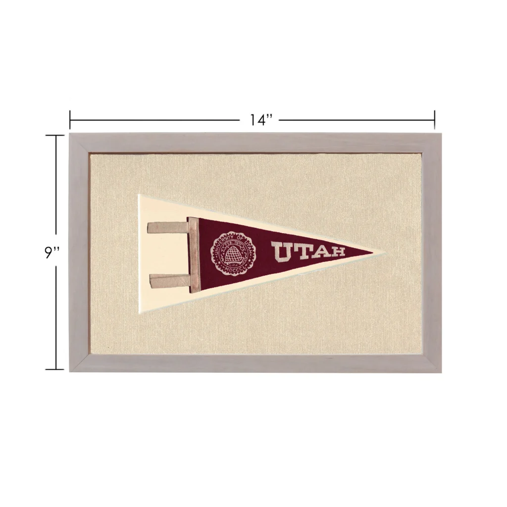 Vintage University of Utah pennant in maroon, cream, gray frame