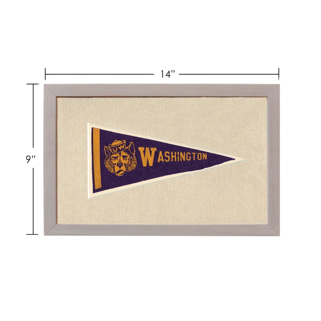 Vintage University of Washington pennant with purple wolf mascot on beige background