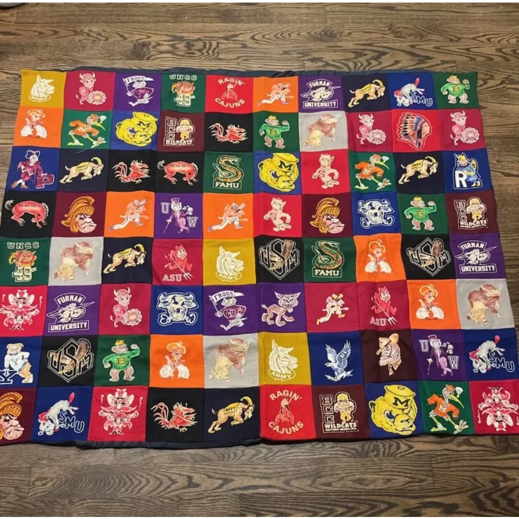 Vintage USC mascot patch quilt from colorful t-shirt patches