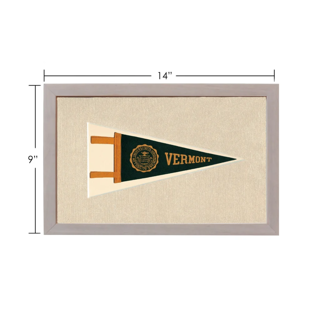 Vintage Vermont University pennant in dark green frame with gold emblem