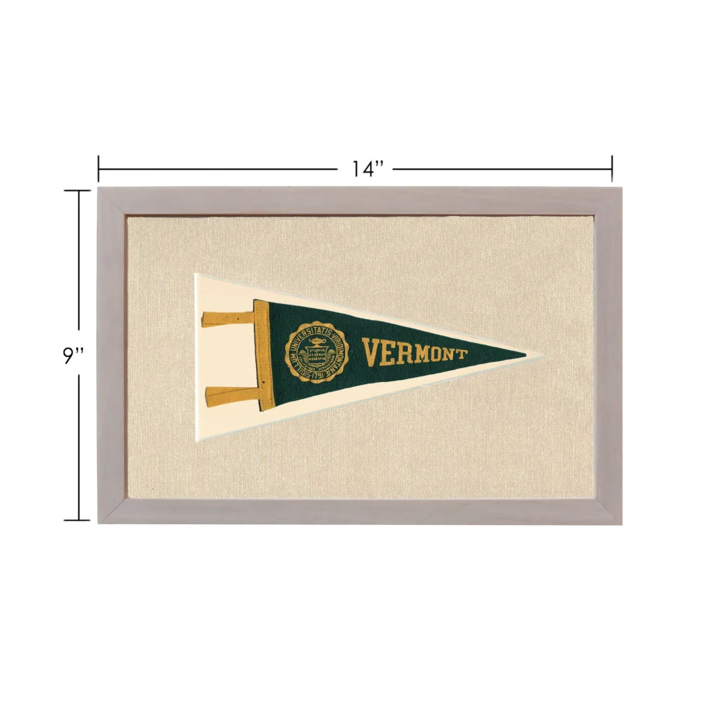 Vintage Vermont University pennant in framed display