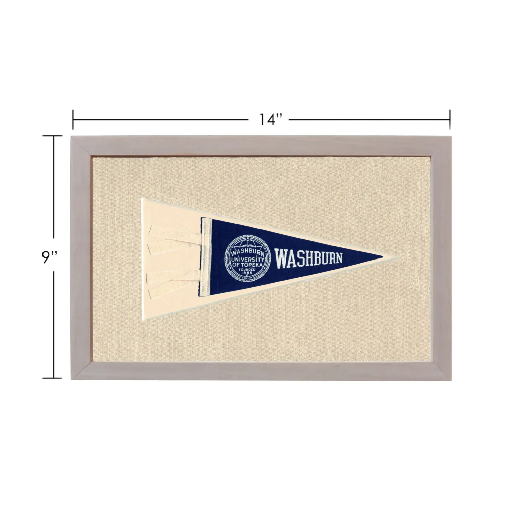 Vintage Washburn University navy blue pennant in light gray frame
