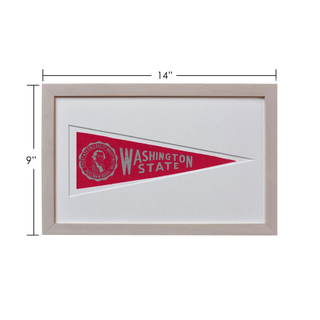 Vintage Washington State pennant flag in red and white frame, 1950s