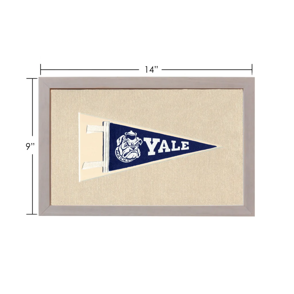 Vintage Yale University pennant with navy blue design, white bulldog mascot, and Yale lettering in light gray frame