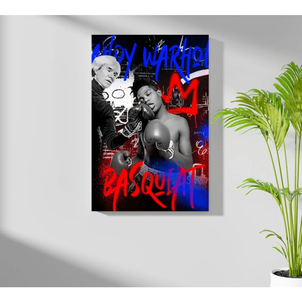 Vibrant pop-art boxing scene with Warhol and Basquiat graffiti lettering on aluminum print