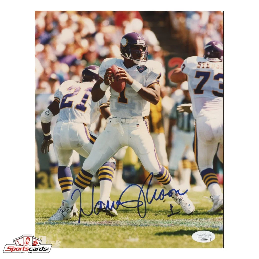 Warren Moon signed white and purple jersey with number 1, JSA authenticated