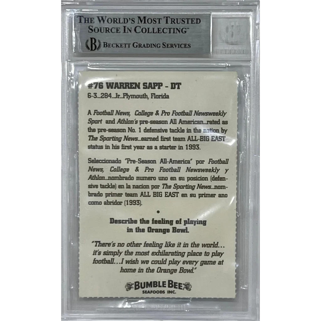 Beckett graded #76 Warren Sapp Miami Hurricanes Bumble Bee card