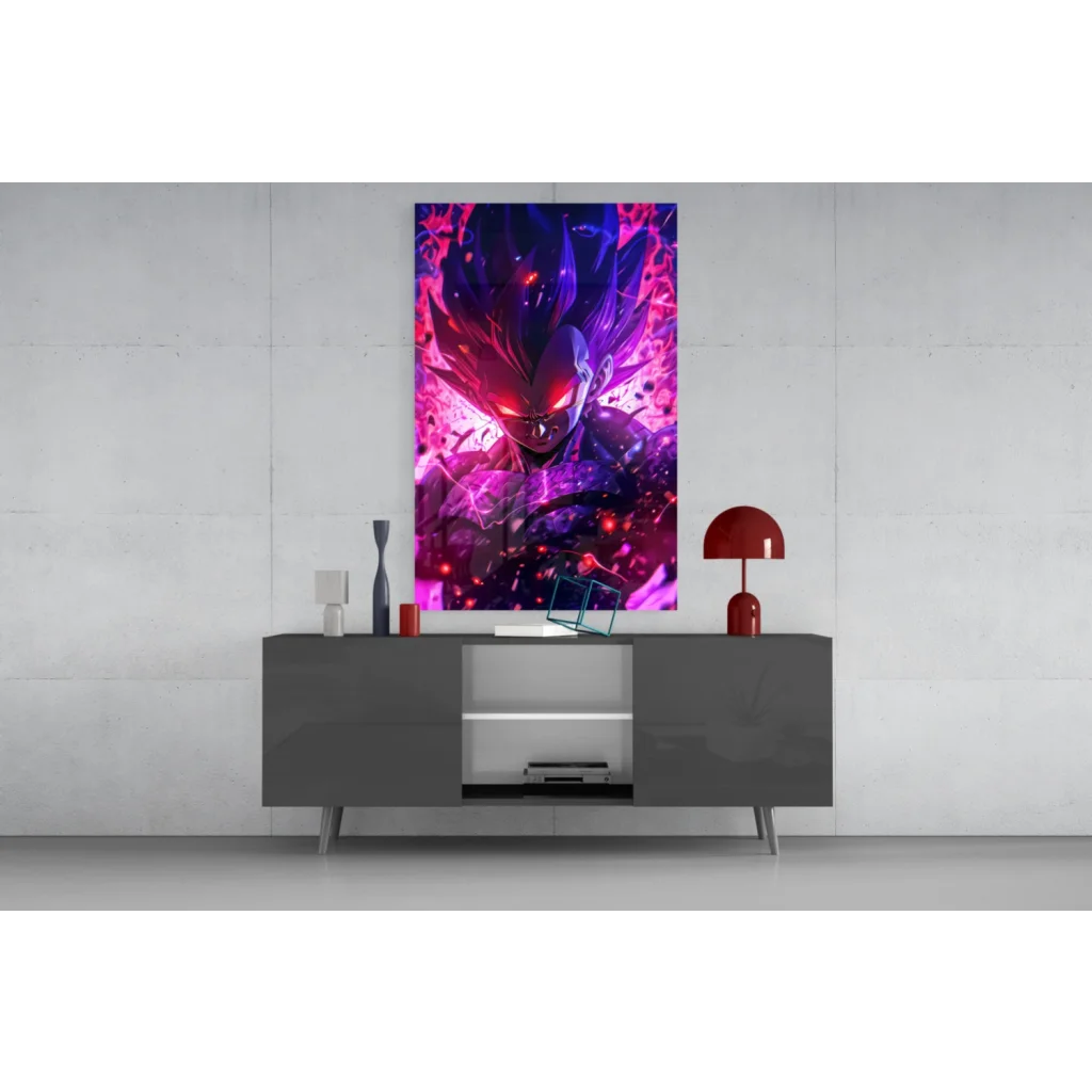 Vibrant purple pink anime glass wall art poster with glowing red eyes on gray table
