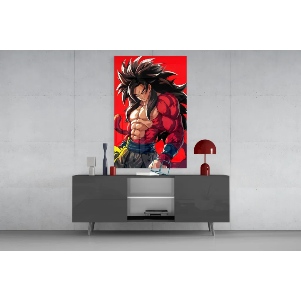 Vibrant muscular anime warrior glass wall art in red and black