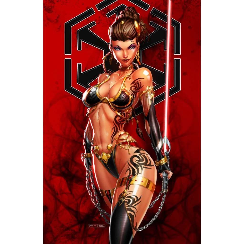 Stylized warrior princess in black gold armor with tattoos holding red lightsaber on brushed aluminum print