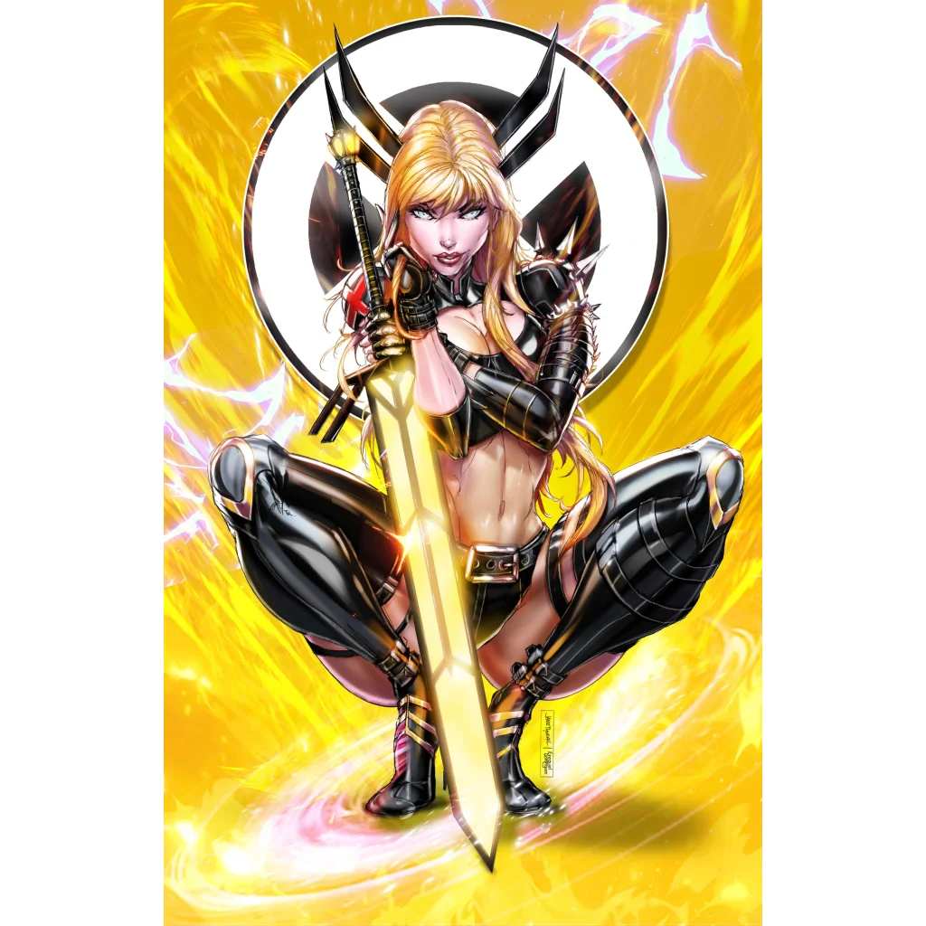 Black and gold armored superheroine with long blonde hair wielding glowing sword on Warrior Queen brushed aluminum print