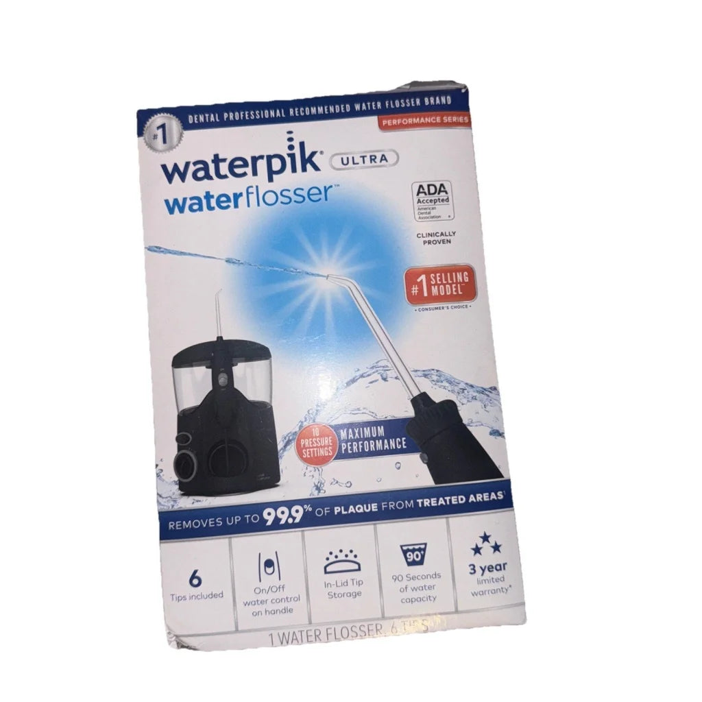 Waterpik Ultra Water Flosser in black packaging with blue accents