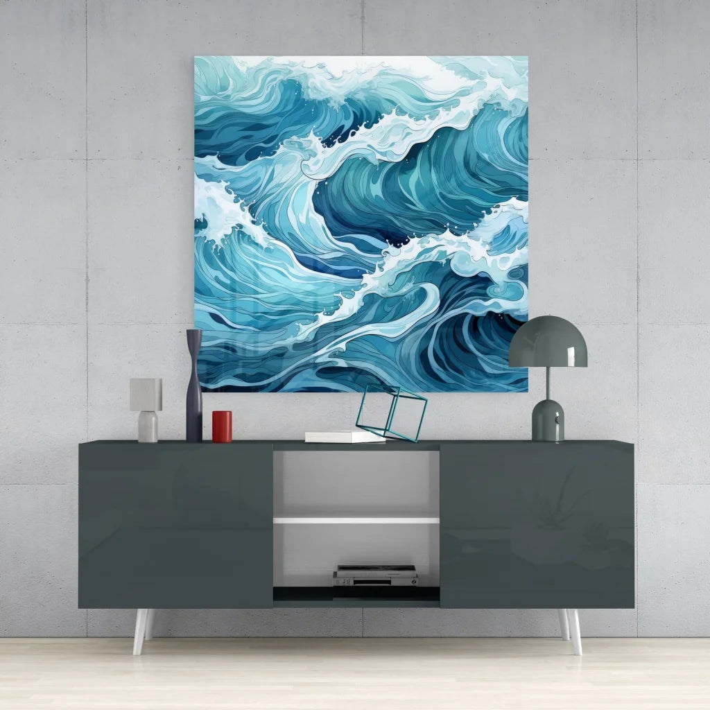 Stunning blue ocean wave tempered glass art panel with foam swirls