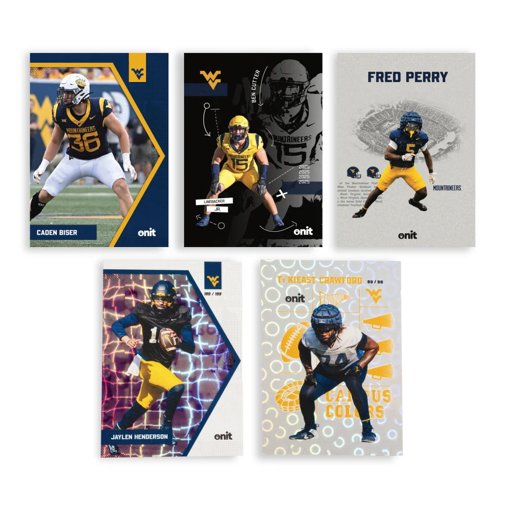 West Virginia platinum box trading cards with black yellow players and onit logo