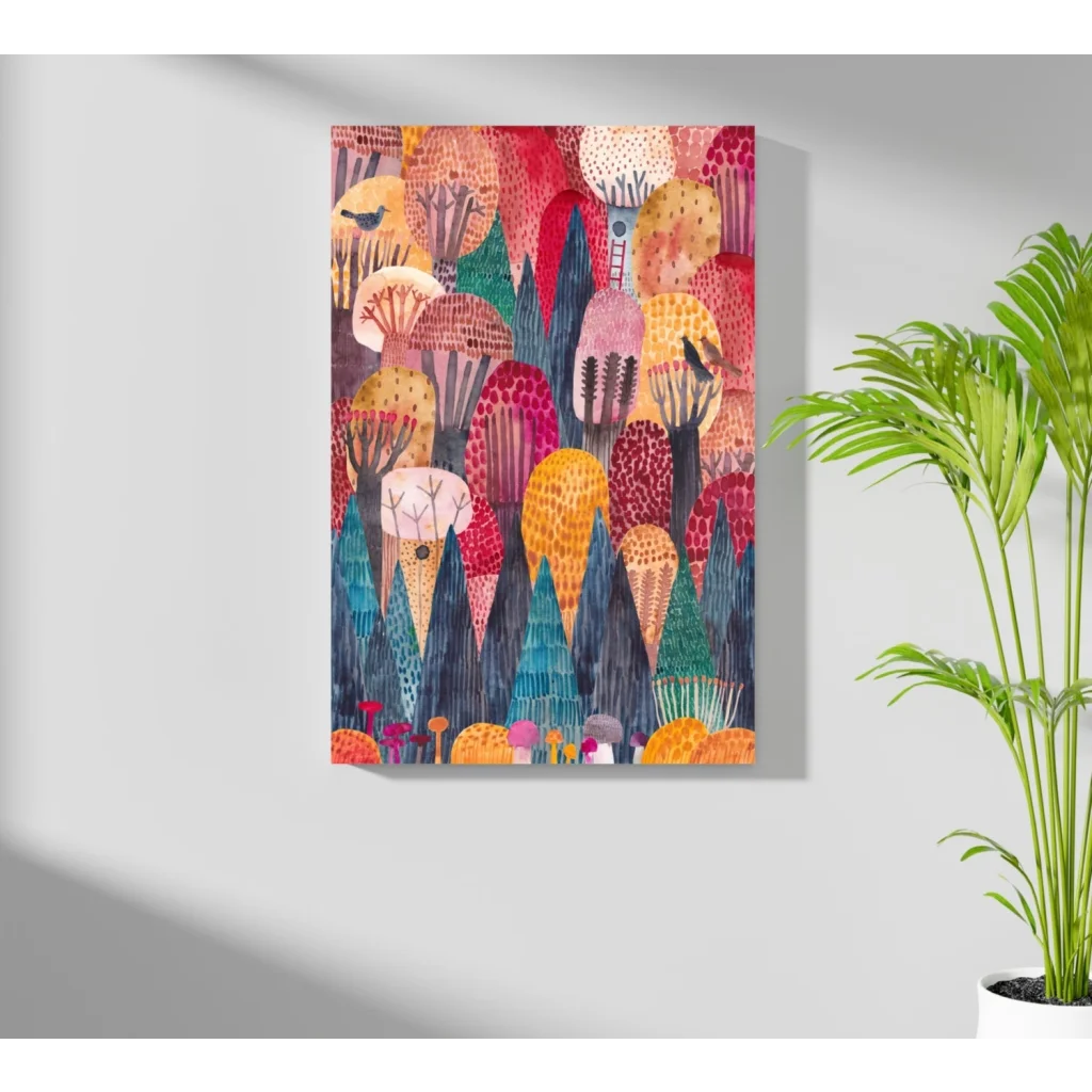 Vibrant Whimsical Forest Dreams aluminum art print with bold stylized trees