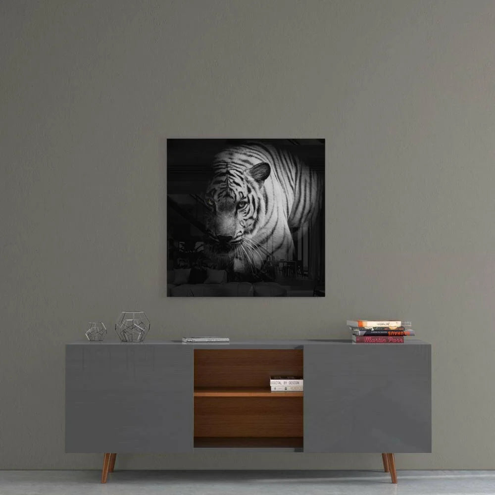 Stunning Tiger Glass Wall Art in Bold Black and White | Contemporary Home Wall Art | vintageantiquesgifts.com