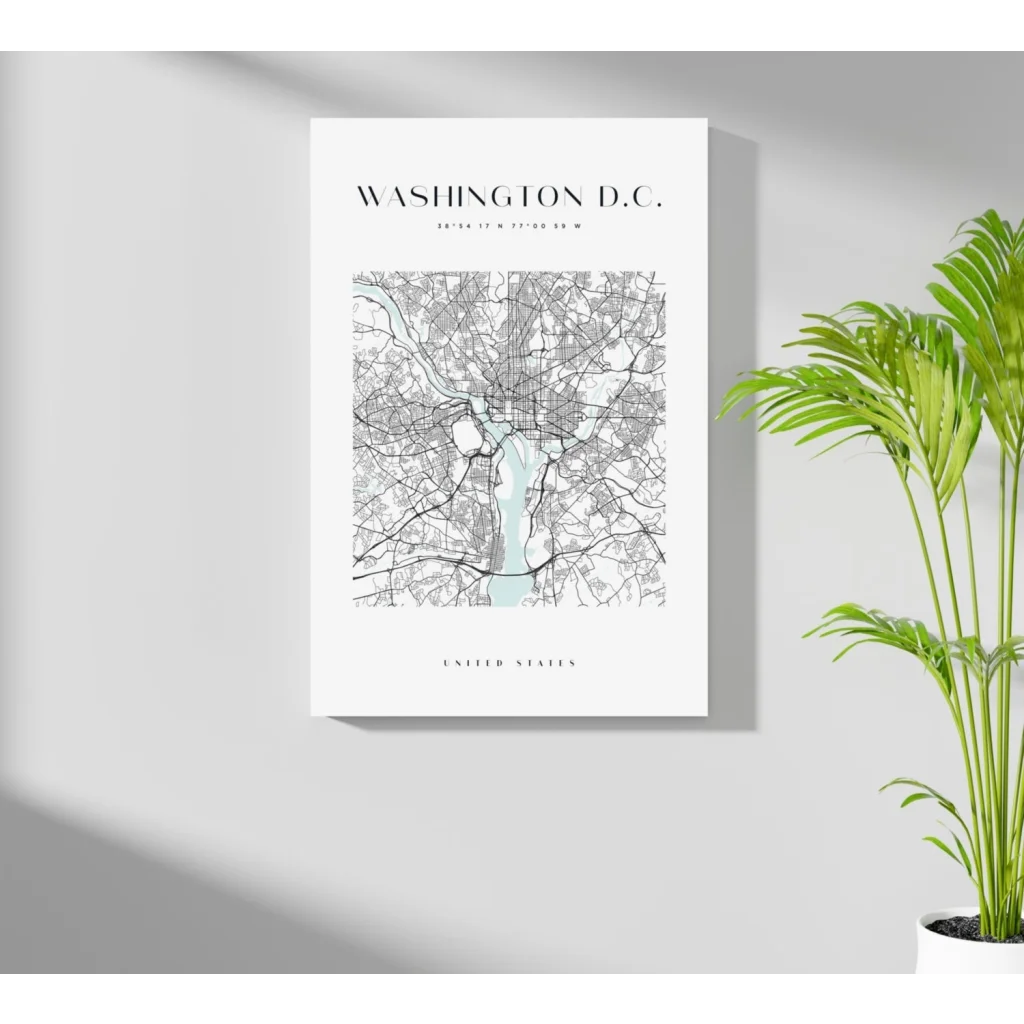 White minimalist Washington DC map poster on aluminum print