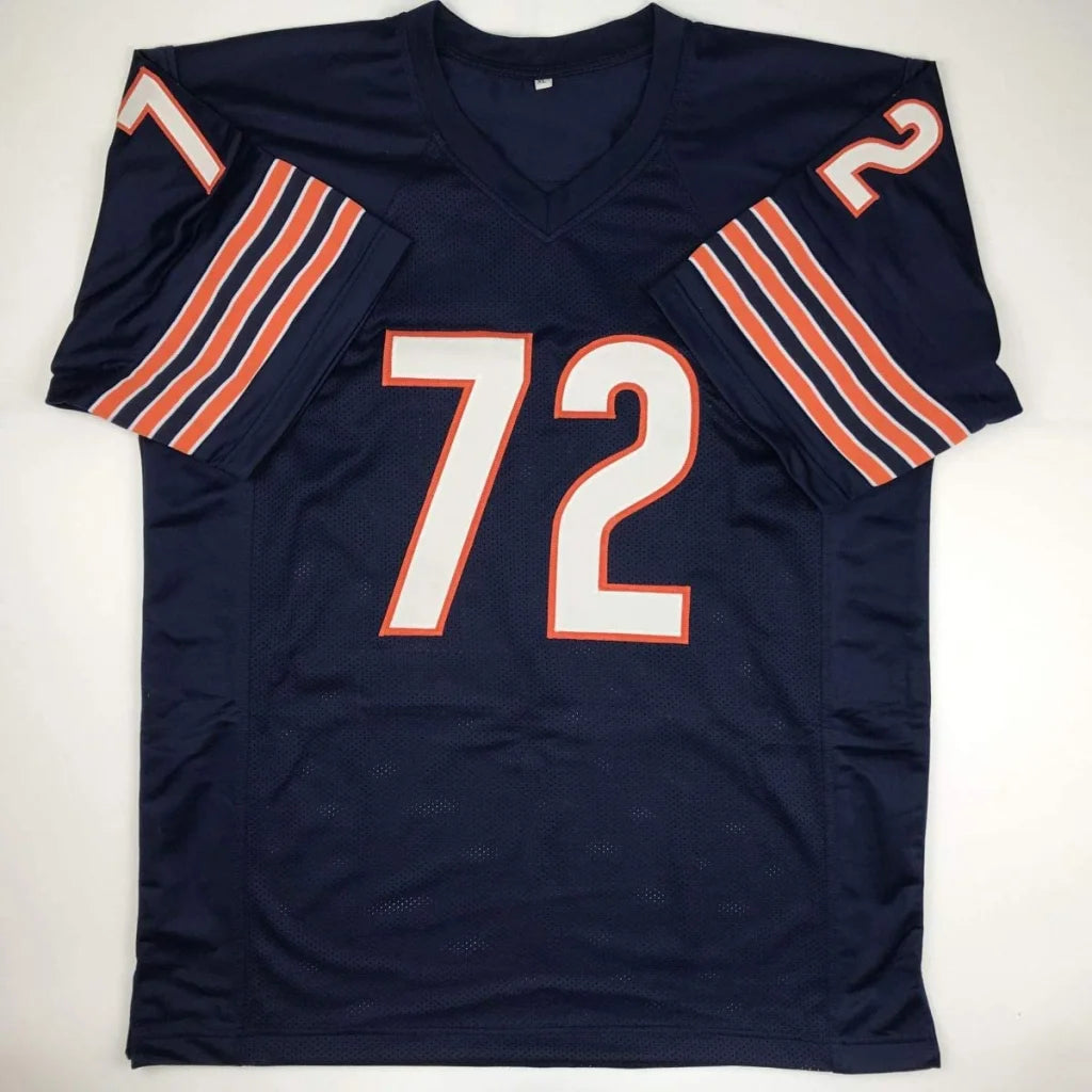Navy blue custom jersey with orange white stripes, number 72, Bears style