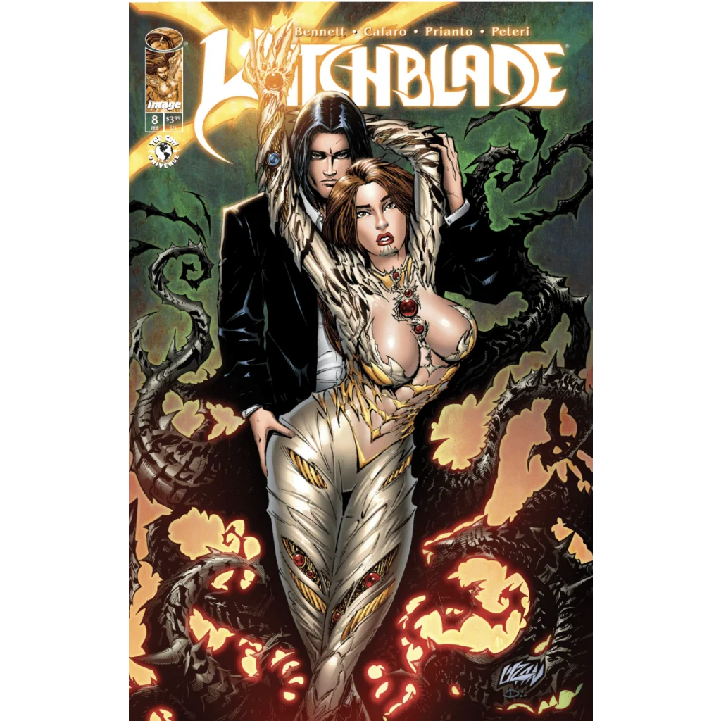 Comic book cover featuring a man and woman in embrace with dark tendrils - East Coast Comics