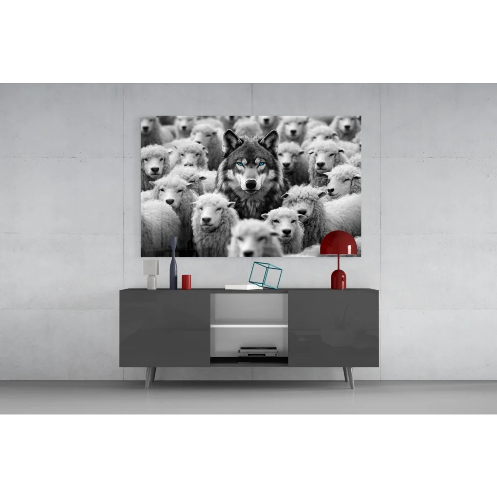 Striking black-and-white wolf with piercing blue eyes among sheep wall art