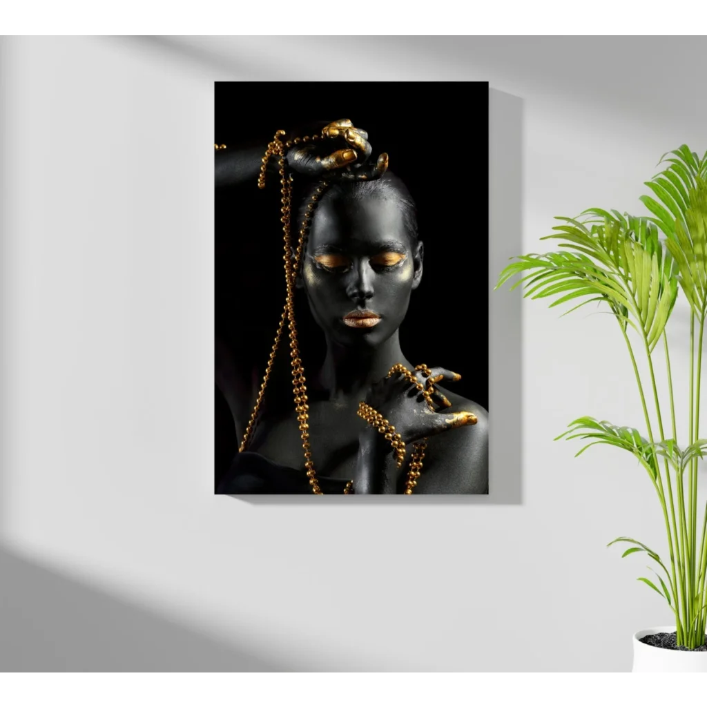 Black canvas art woman with gold accents on Insigne aluminum prints