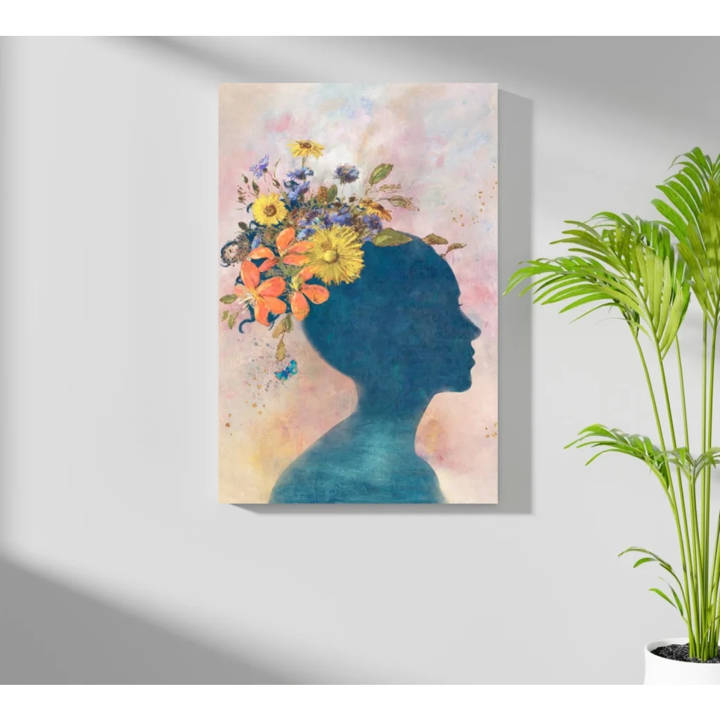 Vibrant floral silhouette woman on insigne aluminum prints