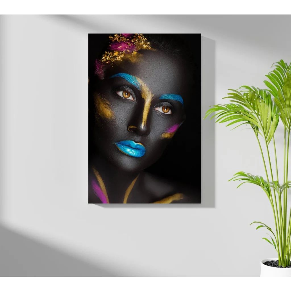Striking face on Insigne aluminum print with black paint, blue lips, gold pink accents