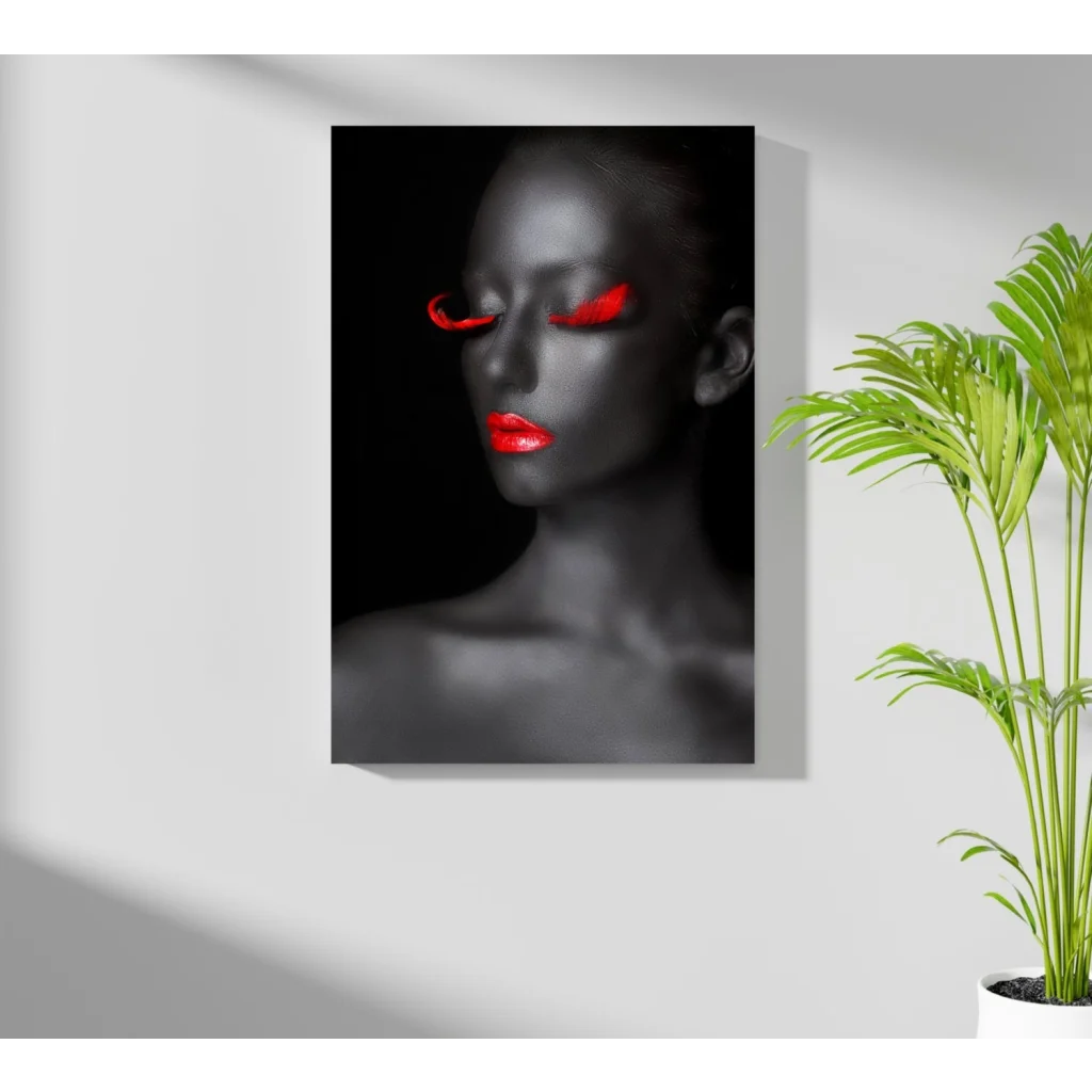 Black-and-white portrait of woman with red lips on Insigne Aluminum Print