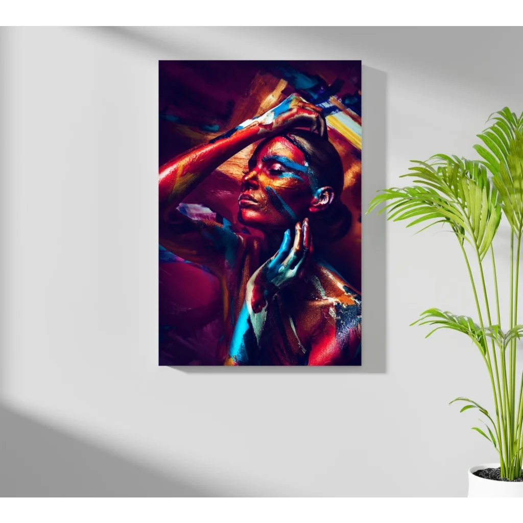 Vibrant abstract woman portrait on insigne aluminum prints with bold red, blue, gold streaks