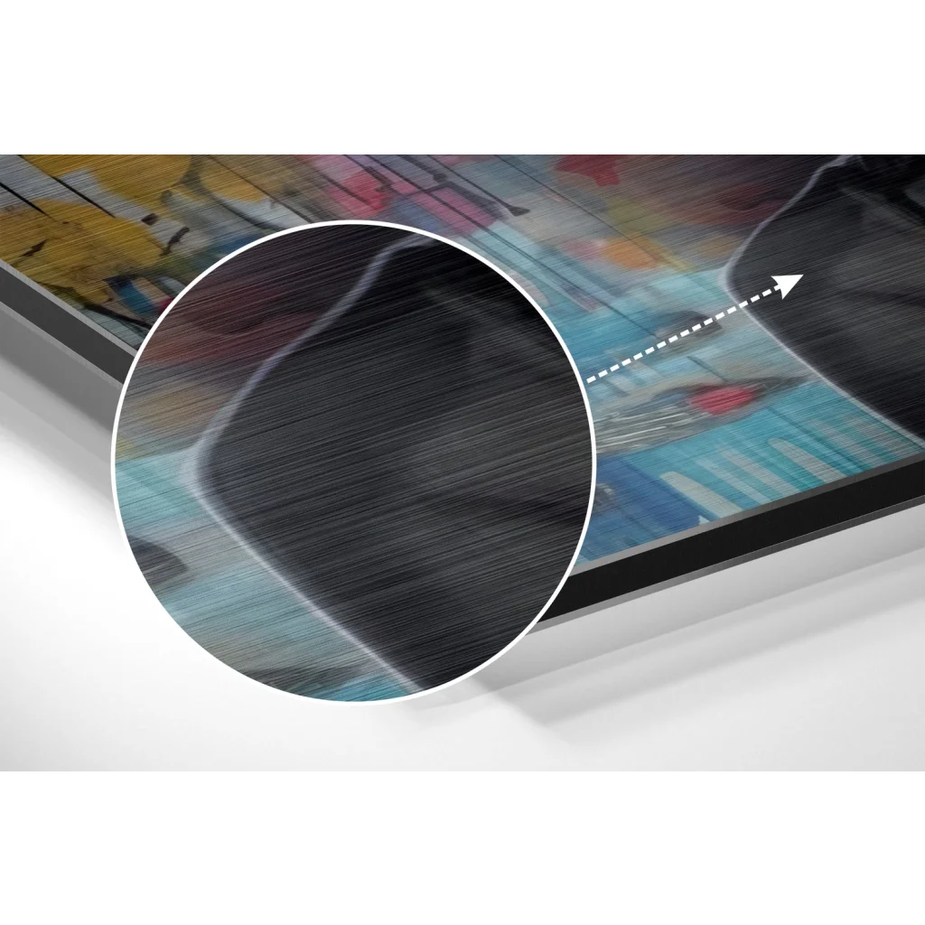 Stunning brushed aluminium dibond wall art in abstract yellow, pink, blue, teal