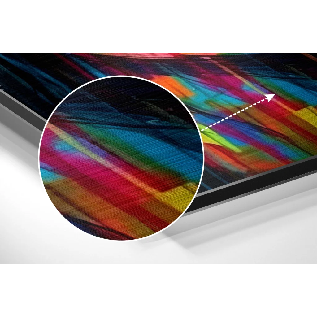 Vibrant neon abstract art on brushed aluminium dibond wall display