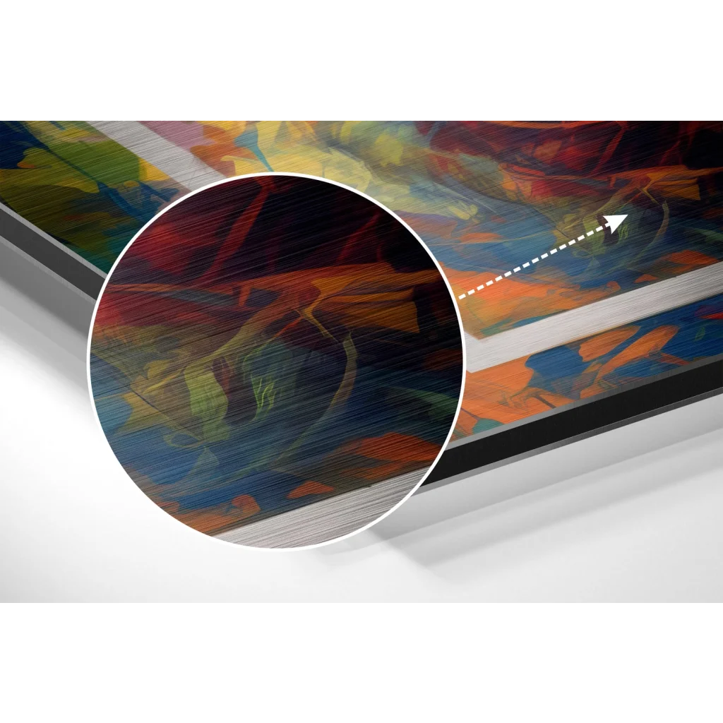 Vibrant abstract art on brushed aluminium dibond with swirling red, blue, green hues
