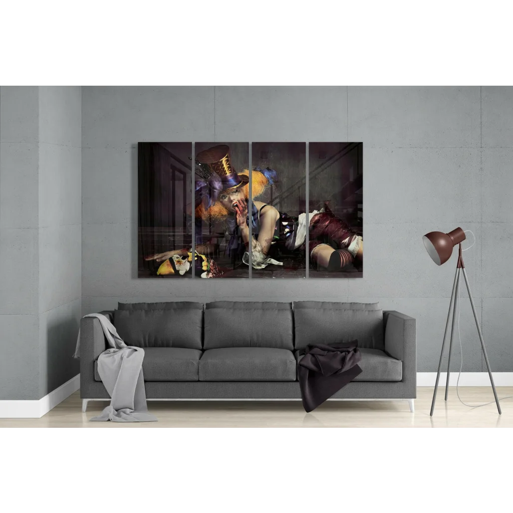 Gothic clown triptych wall art set in vibrant dark colors