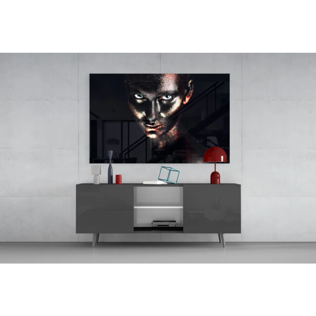 Striking black-and-white portrait on tempered glass art with glowing blue eyes