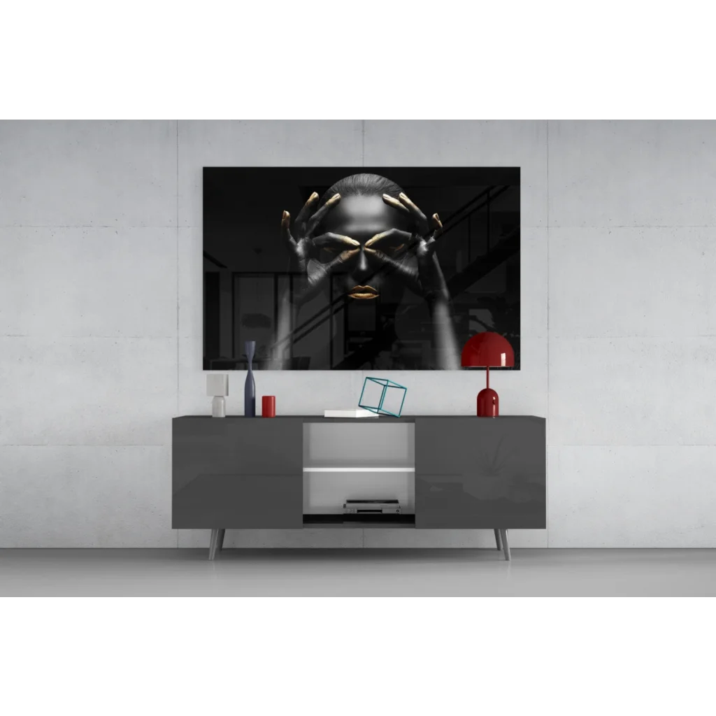 Golden Mystique Tempered Glass Art: Black-and-white face portrait with gold accents on wall