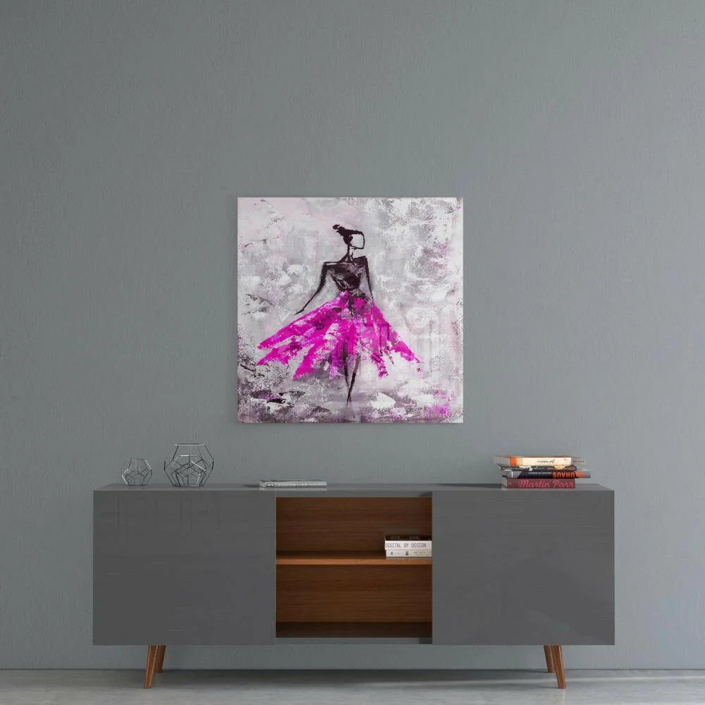Vibrant pink black abstract ballerina canvas wall art on gray wall