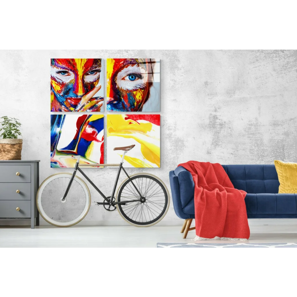 Black fixed-gear bike with white rims on bold glass wall art