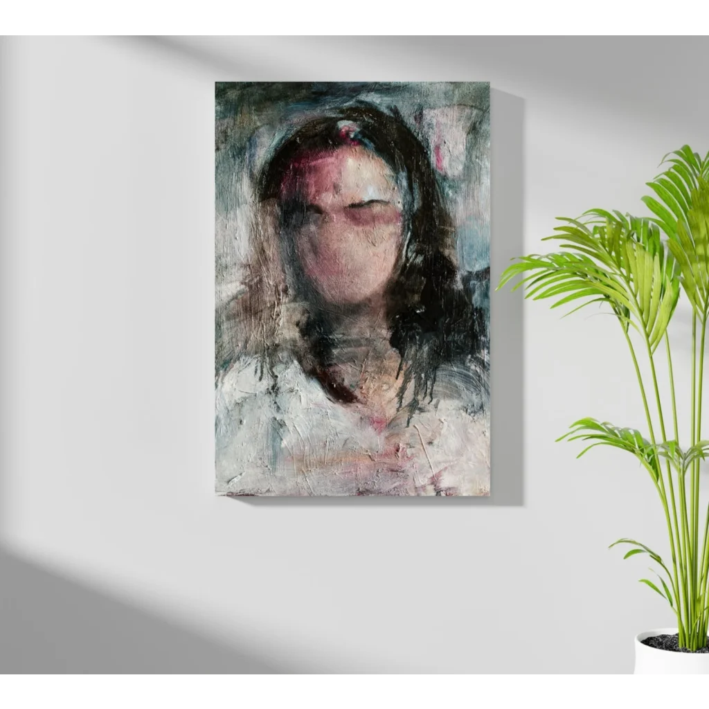 Abstract textured portrait on Insigne aluminum print in grays and pinks