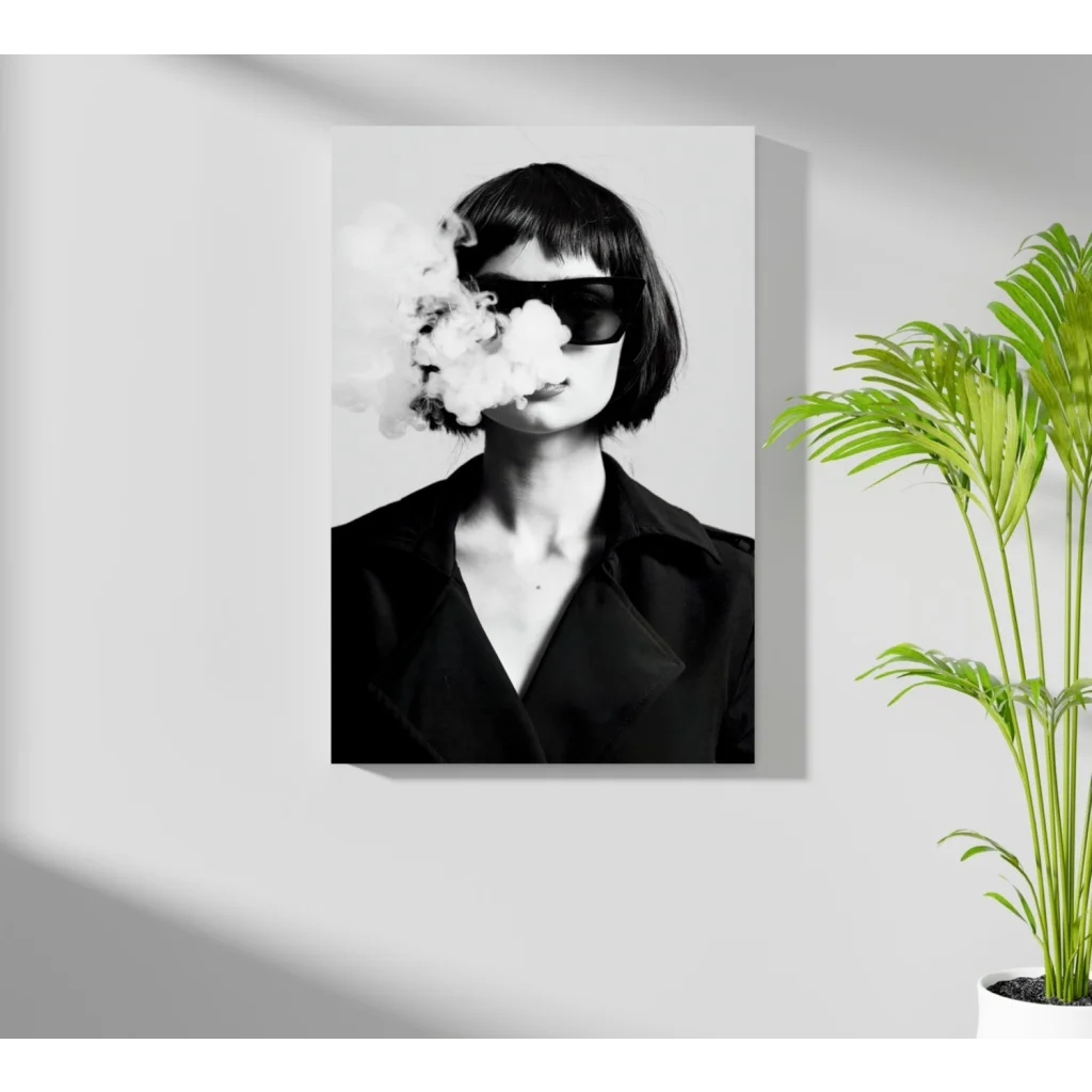 Black-and-white woman exhaling smoke on insigne aluminum print