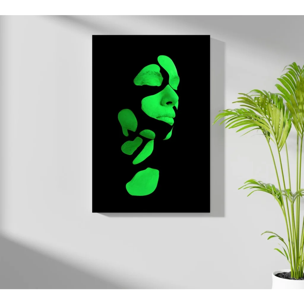 Glowing green abstract face portrait on Insigne Aluminum Prints